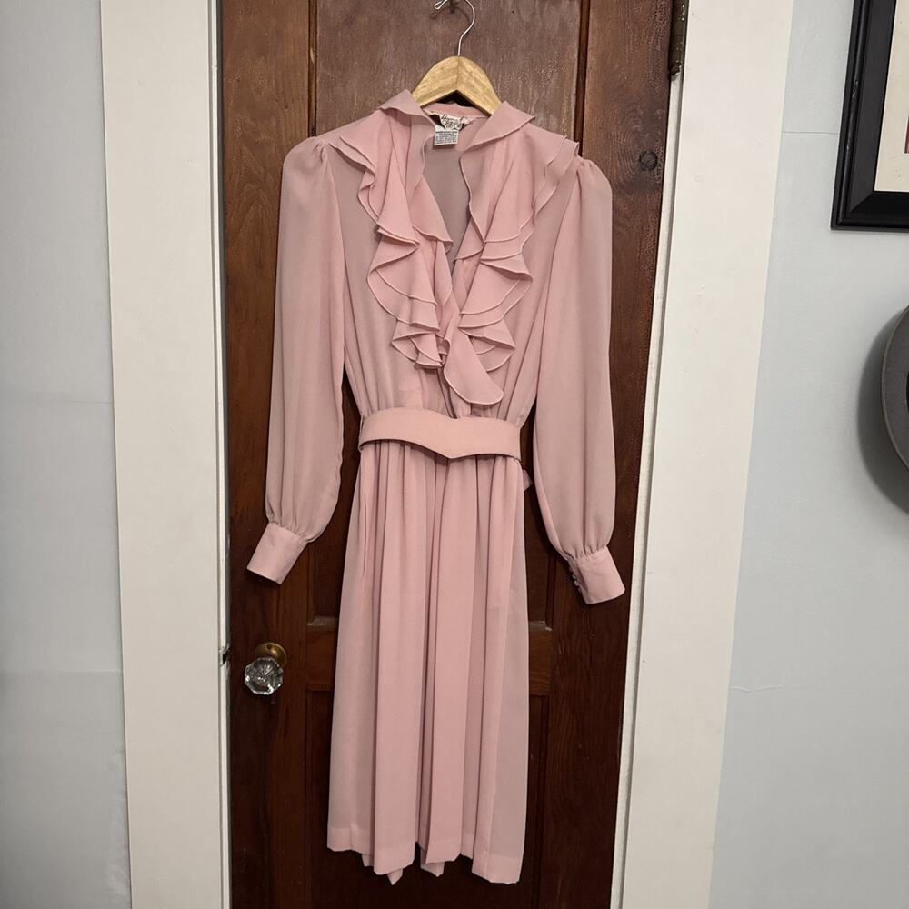 Adolph Schuman for Lilli Ann Vintage 70s 80s Pink Dress Ruffles and Belt #0105